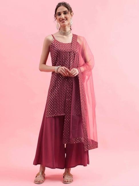 skylee maroon embroidered kurti sharara set with dupatta