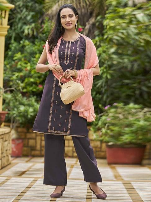 skylee purple embroidered kurti palazzo set with dupatta