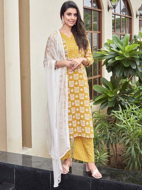 skylee yellow cotton printed kurta palazzo set with dupatta