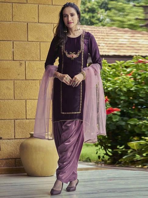 skylee purple embroidered kurti salwar set with dupatta