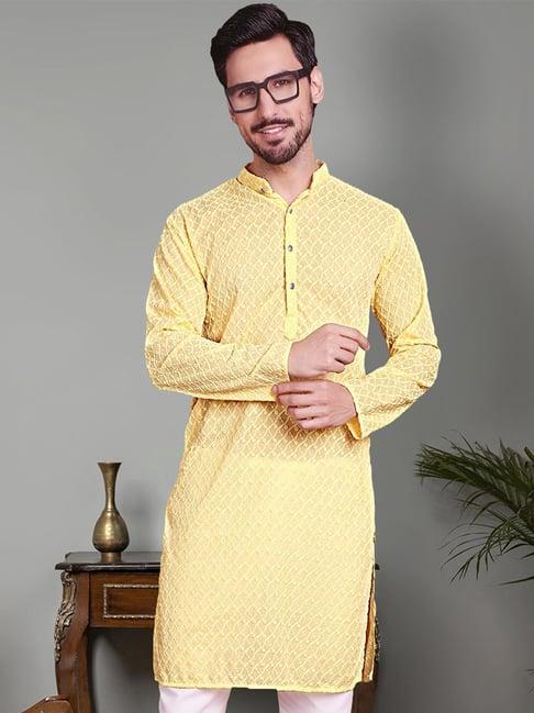 jompers yellow cotton regular fit chikankari kurta