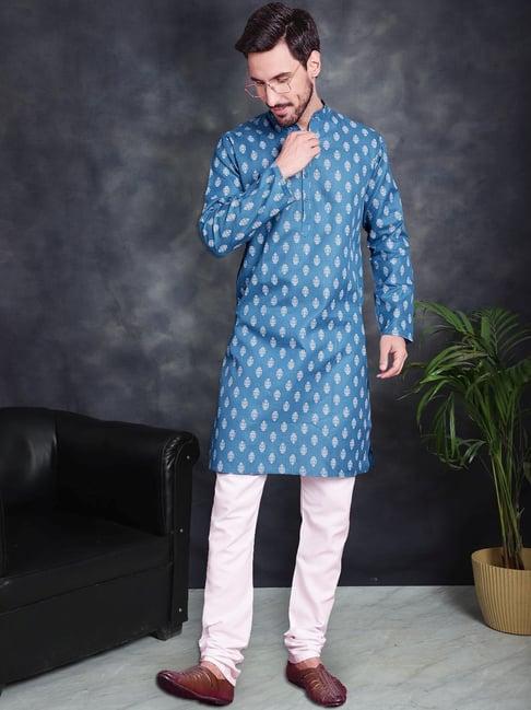 jompers teal pure cotton regular fit printed kurta bottom set