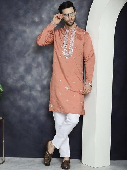 jompers peach regular fit embroidered kurta bottom set