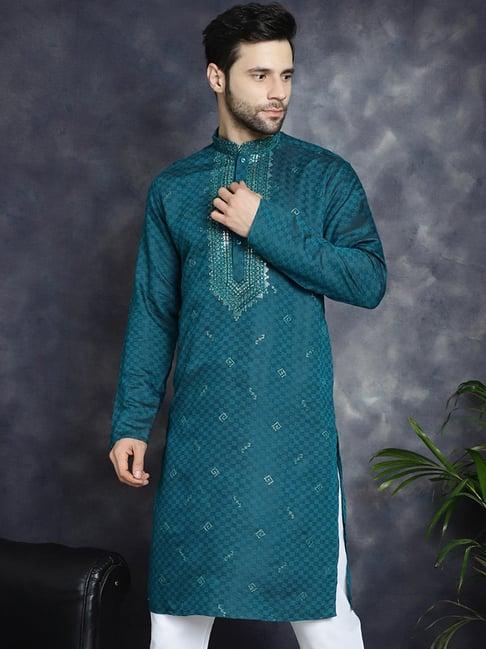 jompers teal regular fit embellished kurta