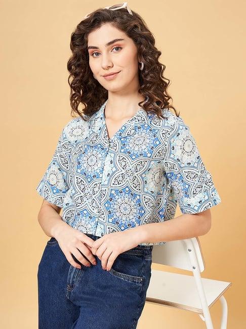 yu by pantaloons blue cotton printed cropped shirt