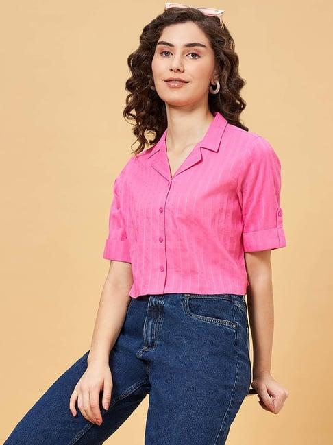 yu by pantaloons pink cotton striped cropped shirt