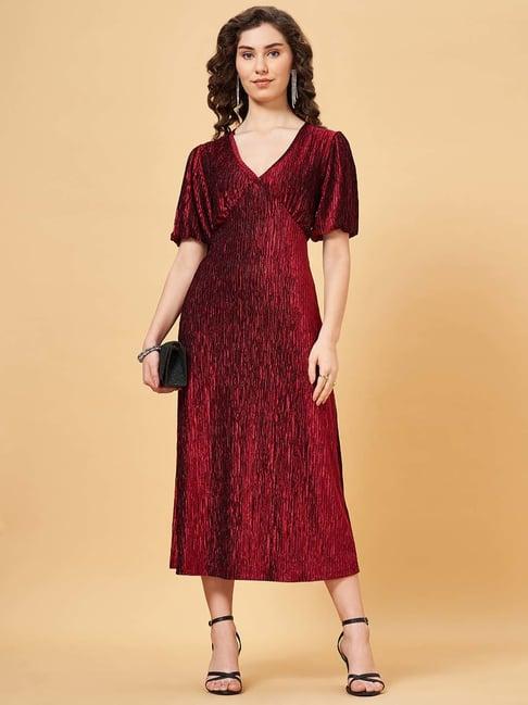 yu by pantaloons maroon pleated a-line dress