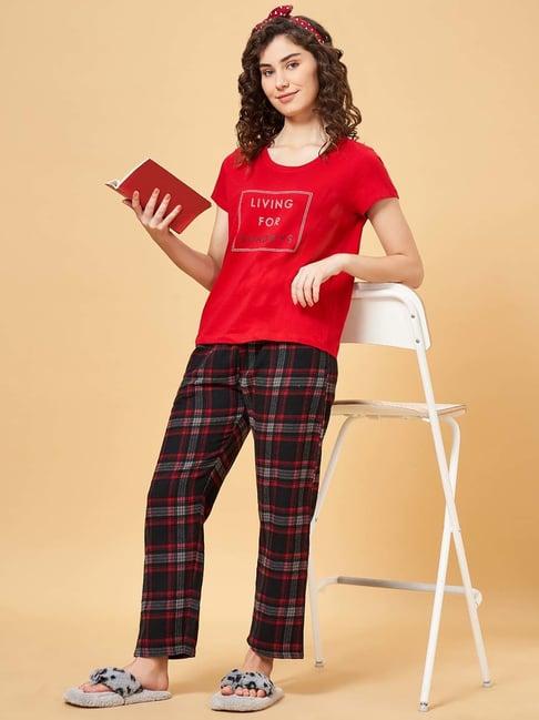 yu by pantaloons red & black cotton printed t-shirt pyjamas set