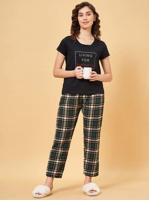 yu by pantaloons black cotton printed t-shirt pyjamas set