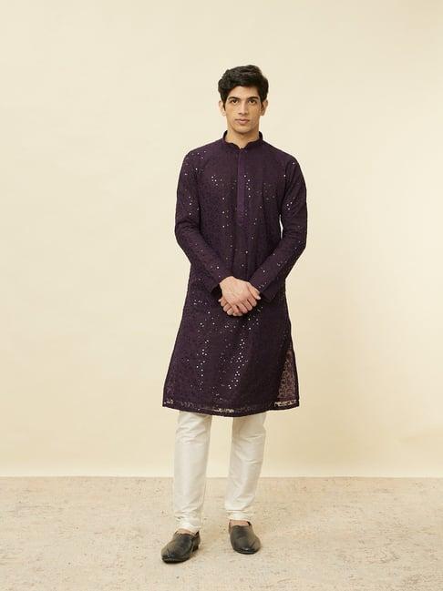 manyavar purple & beige regular fit embroidered kurta bottom set