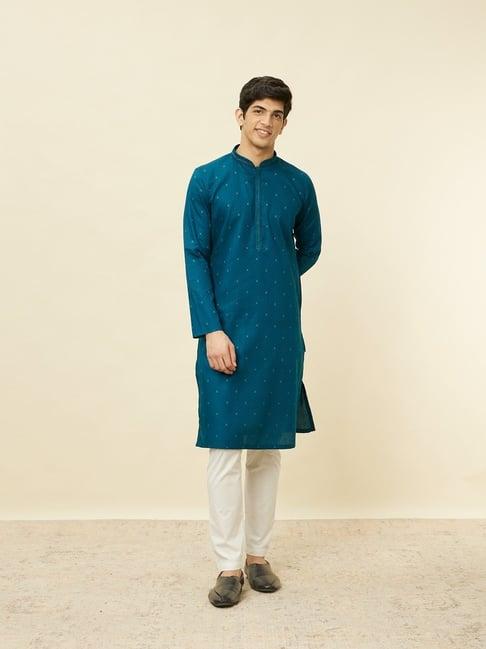 manyavar blue & beige cotton regular fit self pattern kurta bottom set