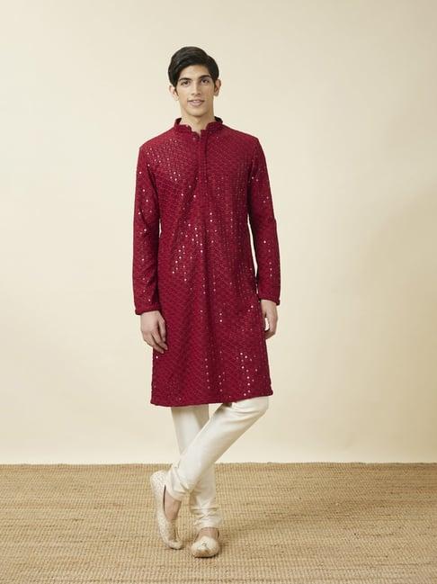 manyavar maroon regular fit embroidered kurta