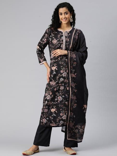 readiprint fashions black cotton floral print kurta pant set with dupatta