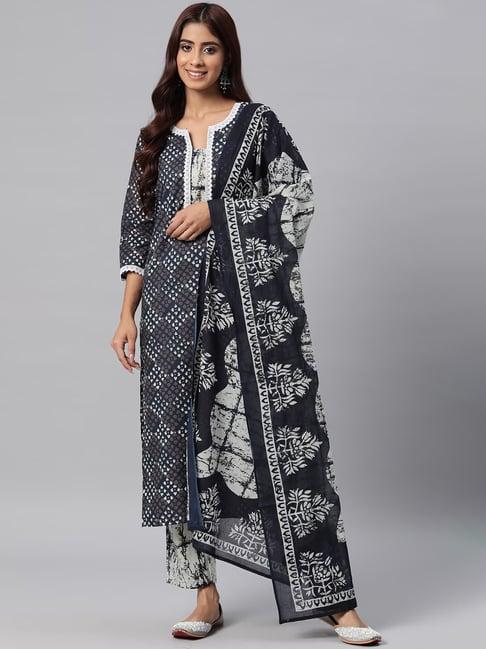 readiprint fashions black cotton printed kurta pant set with dupatta