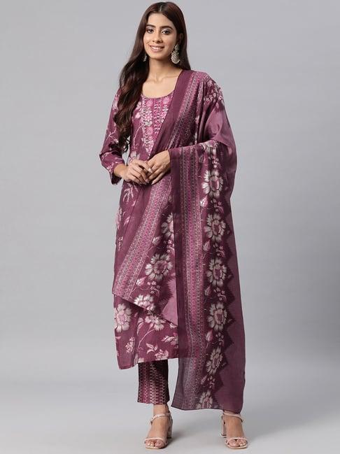 readiprint fashions purple floral print kurta pant set with dupatta