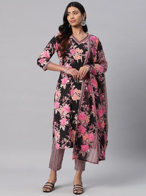 readiprint fashions black cotton floral print kurta pant set with dupatta