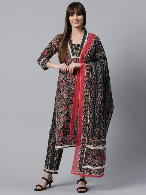 readiprint fashions black cotton floral print kurta pant set with dupatta