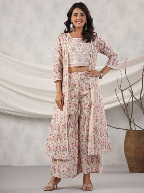 readiprint fashions white cotton floral print crop top sharara set with jacket