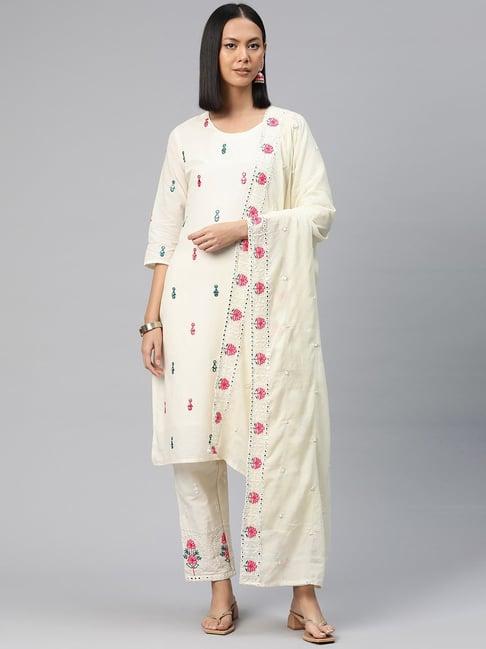 readiprint fashions off-white cotton embroidered kurta pant set with dupatta