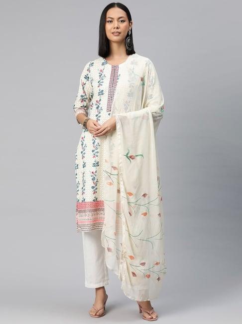 readiprint fashions white cotton floral print kurta pant set with dupatta