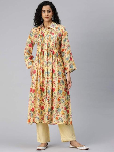 readiprint fashions beige floral print kurta pant set