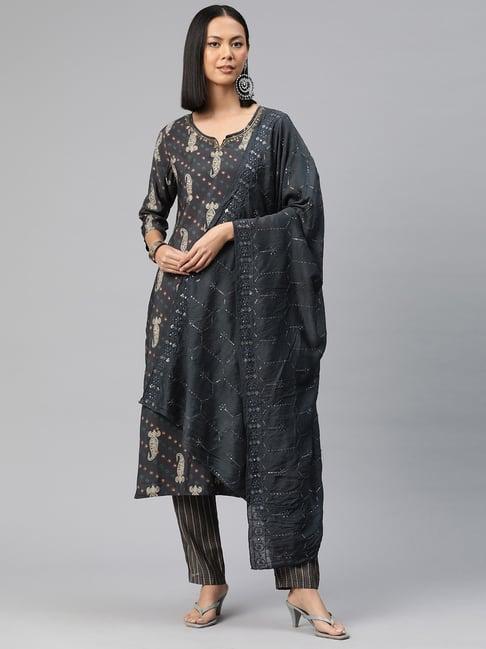 readiprint fashions black printed kurta pant set with dupatta