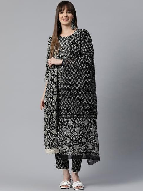 readiprint fashions black cotton floral print kurta pant set with dupatta