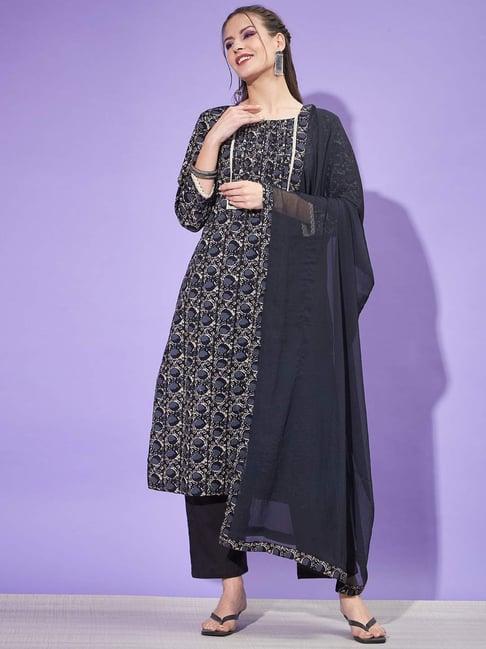 readiprint fashions black cotton printed kurta pant set with dupatta