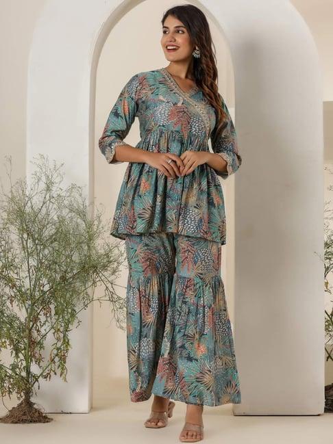 readiprint fashions blue floral print kurti sharara set