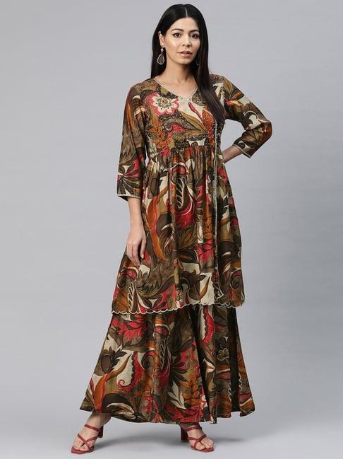 readiprint fashions brown floral print kurta sharara set