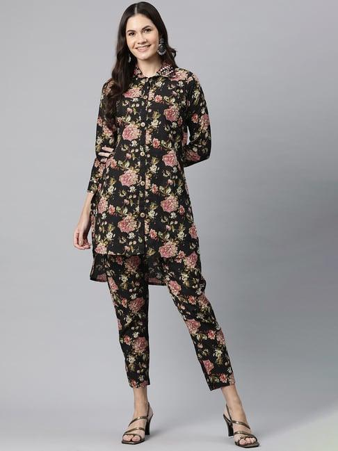 readiprint fashions black cotton floral print kurti pant set