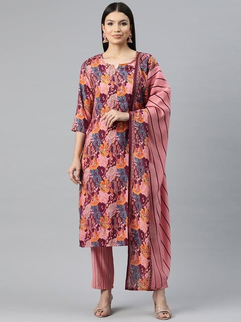 readiprint fashions purple & peach floral print kurta pant set with dupatta