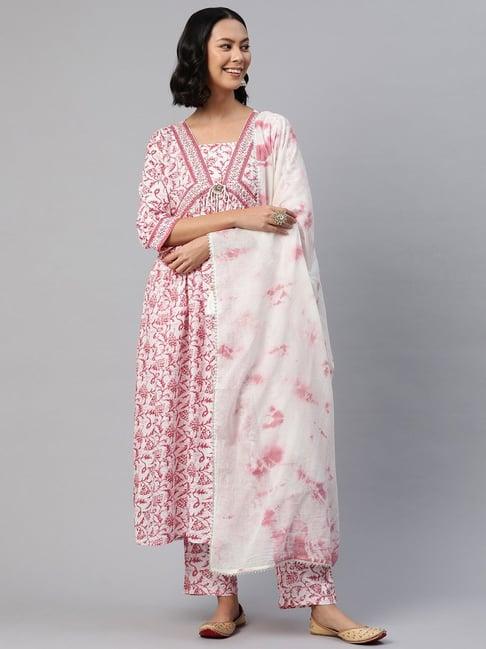 readiprint fashions white cotton floral print kurta pant set with dupatta