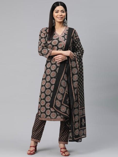 readiprint fashions black cotton printed kurta pant set with dupatta