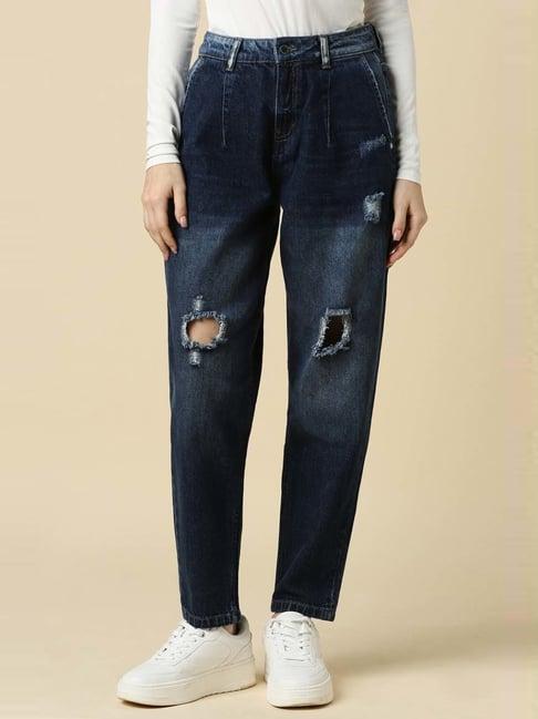 allen solly navy cotton distressed mid rise jeans