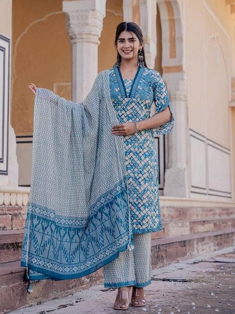 yufta teal blue printed kurta with palazzo & dupatta