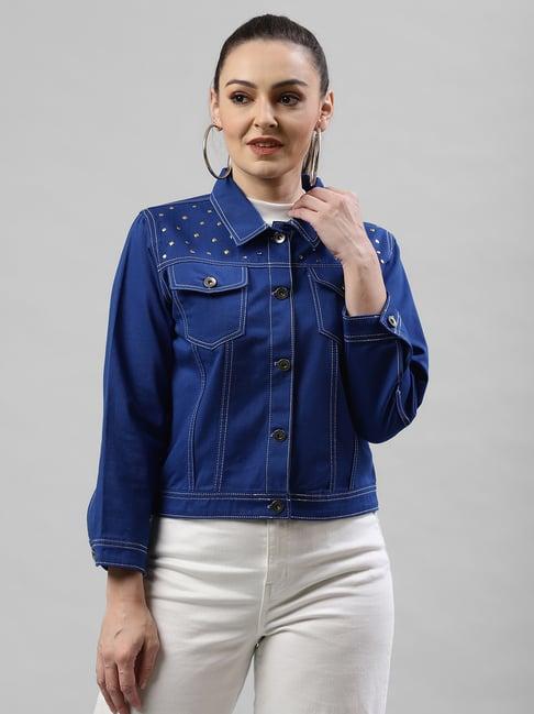 kassually blue cotton embellished denim jacket