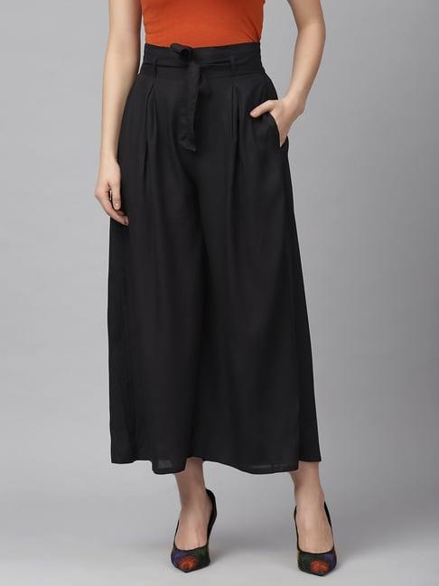 kassually black cotton relaxed fit high rise palazzos