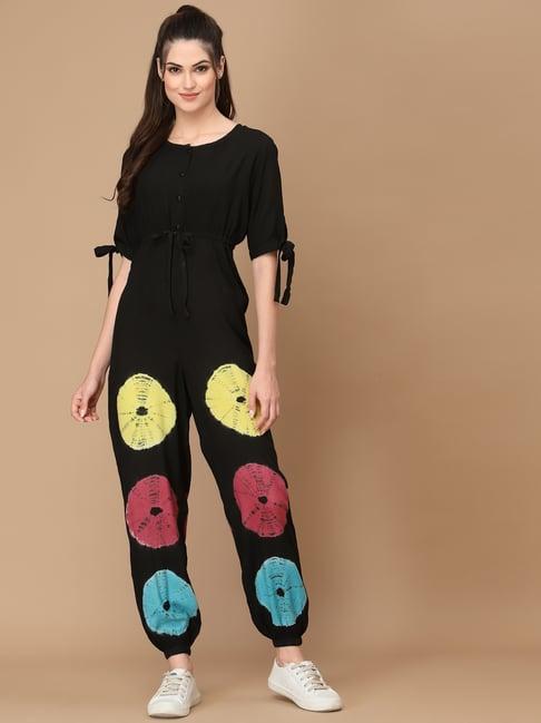 kassually black cotton printed jumpsuit