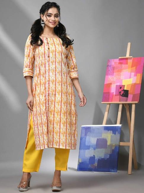 charukriti peach & yellow cotton printed kurta pant set