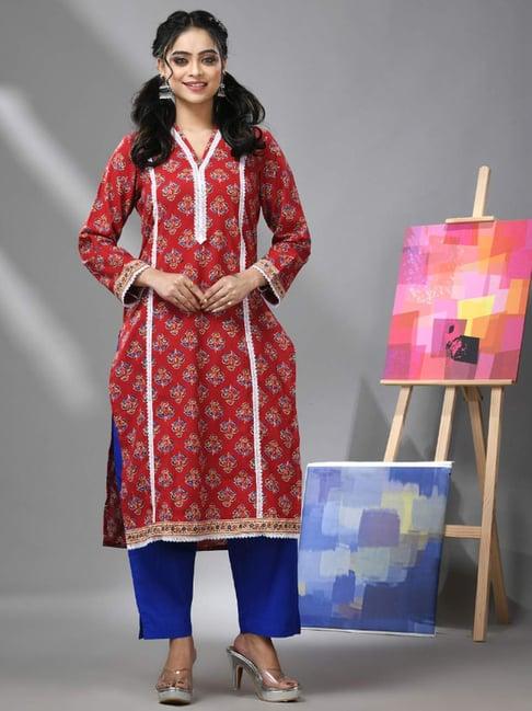 charukriti red & blue cotton printed kurta pant set