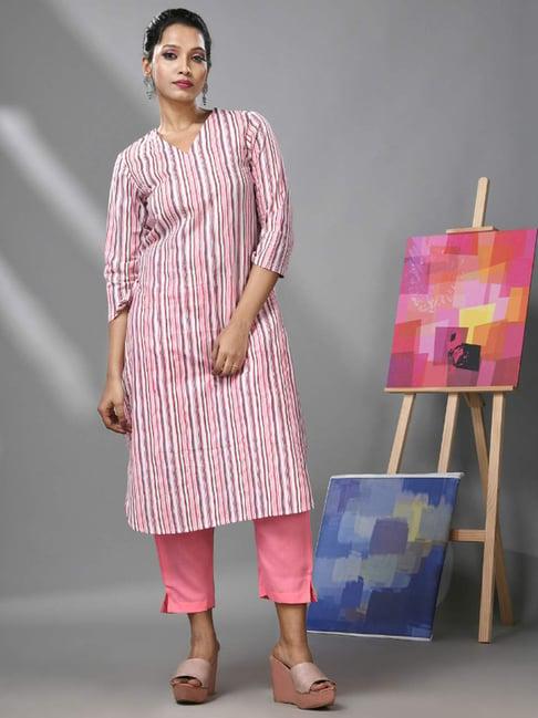 charukriti pink cotton printed kurta pant set