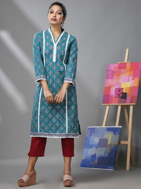 charukriti blue & maroon cotton printed kurta pant set