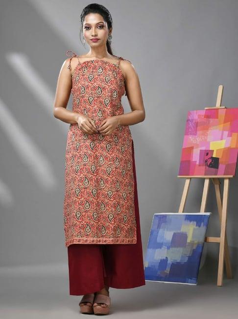 charukriti red cotton printed kurta palazzo set