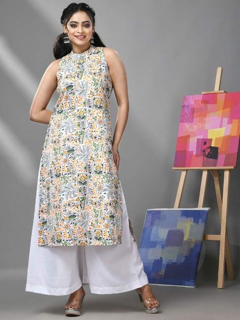 charukriti white cotton printed kurta palazzo set