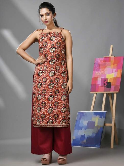 charukriti maroon cotton printed kurta palazzo set