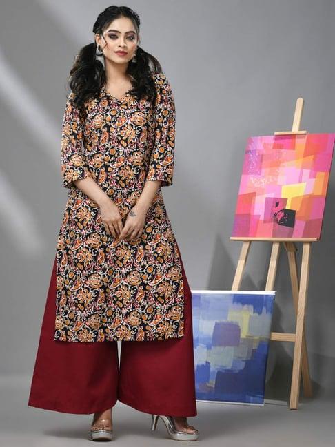 charukriti black & maroon cotton printed kurta palazzo set