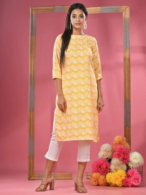 charukriti yellow & white cotton printed kurta pant set