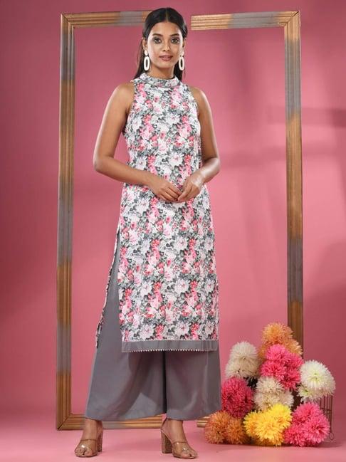 charukriti white & grey printed kurta palazzo set