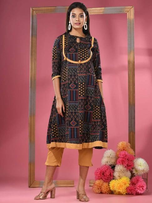 charukriti black & yellow printed kurta pant set